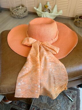 Simply Noelle Orange Wide Brim Sun Hat with Scarf Tie